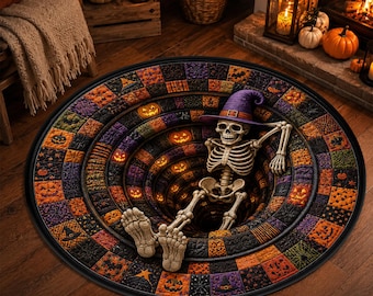 Skeleton Witch Halloween Rug, 3D Vortex Optical Illusion Round Area Rug, Orange Purple Patchwork Spooky Floor Decor, Gothic Home Accent