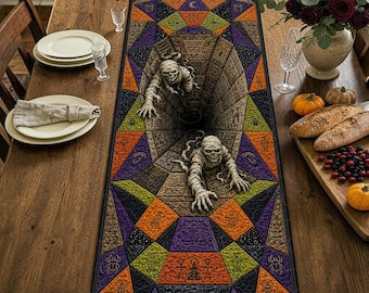 Ancient Egyptian Mummy Optical Illusion Quilted Table Runner, Spooky Halloween Desert Dining Decor, Unique Kitchen Table Centerpiece Gift