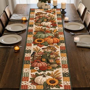 Fågelskrämma pumpa lapptäcke quiltad bordslöpare, orangegrön höstskördekor, solros Thanksgiving rustik matbordsdekoration