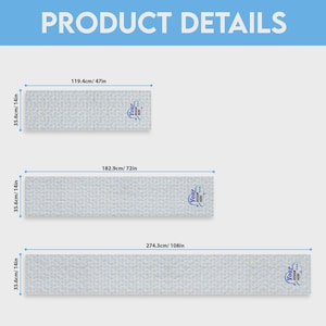 May include: Three rectangular light grey runners with a subtle pattern and a blue logo reading YOUR DESIGN HERE. Dimensions are 35.6 cm by 119.4 cm, 35.6 cm by 182.9 cm, and 35.6 cm by 274.3 cm, indicated by blue measurement lines and text.