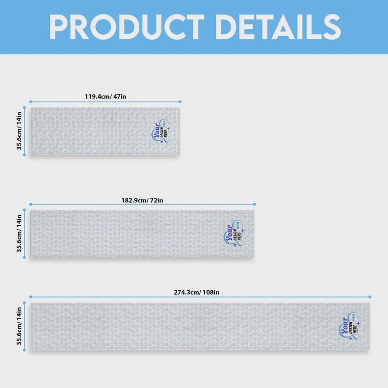 May include: Three rectangular light grey runners with a subtle pattern and a blue logo reading YOUR DESIGN HERE. Dimensions are 35.6 cm by 119.4 cm, 35.6 cm by 182.9 cm, and 35.6 cm by 274.3 cm, indicated by blue measurement lines and text.