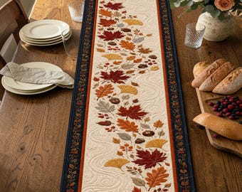 Autumn Wind Swirling Leaf Quilted Table Runner, Fall Foliage Dining Decor, Navy Border Harvest Kitchen Centerpiece, Rustic Seasonal Gift