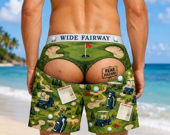 Custom Golf Beach Shorts, Funny Golf Swim Trunks for Men, Golf Coach Gift, Retirement Party Outfit, Golf Tournament Summer Beachwear Fun
