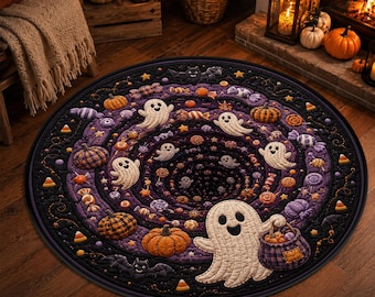 Candy Ghost Halloween Rug, 3D Sweet Treat Spiral Floor Mat, Round Optical Illusion Quilt Inspired Pumpkin Creepy Cute Playroom Home Decor