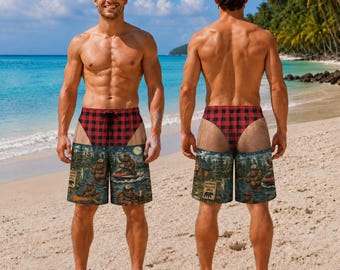Custom Bigfoot Swim Trunks Funny Fake Thong Board Shorts Gag Gift For Men Beach Party Red Plaid Swimwear For Boyfriend Summer Vacations Trip