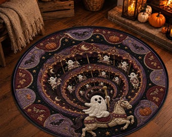 Halloween Ghost Carousel Rug, Spooky 3D Carnival Spiral Floor Mat, Round Optical Illusion Quilt Inspired Pumpkin Playroom Decor for Fall