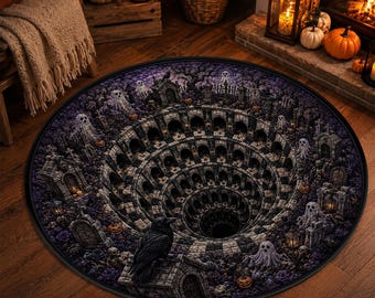 Haunted Cemetery Round Rug, 3D Stone Graveyard Chasm Optical Illusion Halloween Area Rug, Raven Ghost Gothic Horror Floor Accent for Home