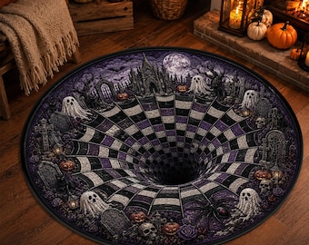 Ghost Graveyard Spiderweb Round Rug, 3D Haunted Pit Optical Illusion Halloween Area Rug, Pumpkin Gothic Cemetery Spooky Entryway Floor Decor