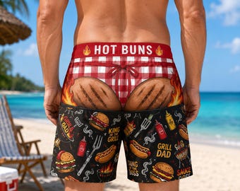 Custom BBQ Beach Shorts, Funny Grill Dad Swim Trunks for Men, Barbecue Lover Gift, Father's Day Cookout, Summer Beach Outfit Fun for Dad