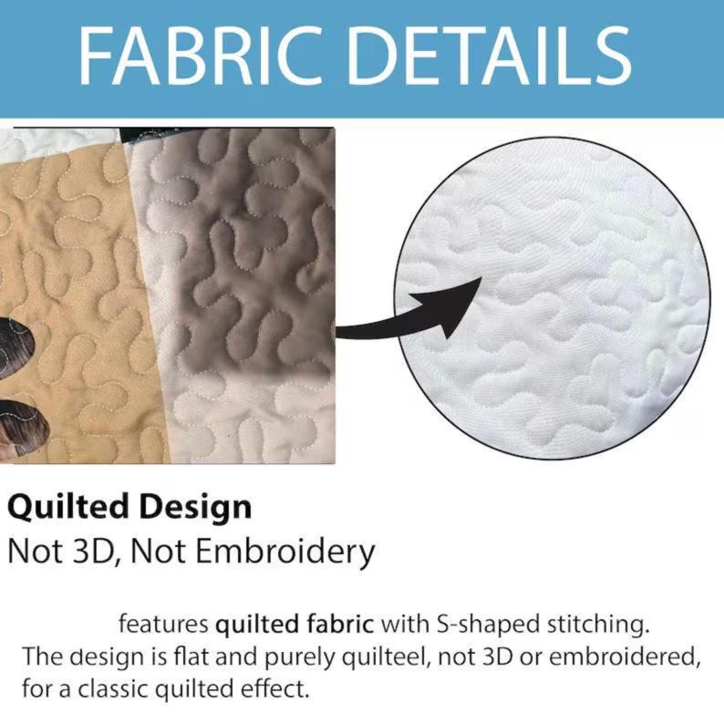 May include: A fabric sample showing a quilted design with S-shaped stitching. The text reads FABRIC DETAILS, Quilted Design, Not 3D, Not Embroidery. The image displays tan and white fabric sections with a flat, stitched texture, not 3D or embroidery.