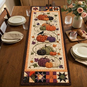 Puede incluir: Un camino de mesa acolchado rectangular con un panel central color crema decorado con varias calabazas en tonos naranja, verde, morado y negro, acentuado por enredaderas, hojas de otoño y un pájaro negro, con bordes geométricos.