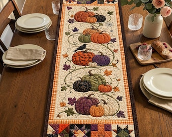 Whimsical Fall Pumpkin Vine Quilted Table Runner, Spooky Crow And Spiderweb Dining Decor, Patchwork Halloween Kitchen Centerpiece Gift Idea