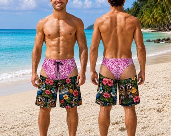 Personalized Raccoon Beach Shorts Funny Speedo Illusion Swim Trunks Unique Birthday Gift For Husband Pink Floral Summer Vacation Swimsuit