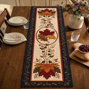 May include: A rectangular quilted table runner featuring a cream-coloured centre panel with a repeating pattern of autumn leaves, acorns, and berries in shades of red, orange, and brown, bordered by a dark blue frame with a vine and leaf motif.