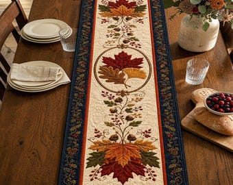 Fall Foliage Medallion Quilted Table Runner, Autumn Maple Leaf Dining Decor, Navy Border Harvest Kitchen Centerpiece, Rustic Seasonal Gift