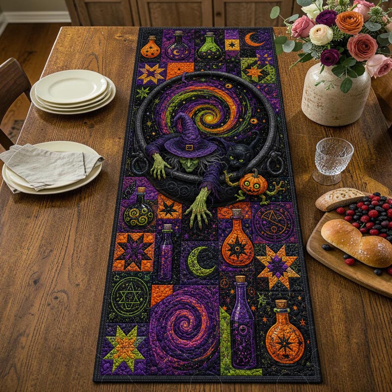 May include: A rectangular table runner featuring a vibrant Halloween-themed patchwork design. The central image shows a green-skinned witch in a purple hat emerging from a black cauldron, accompanied by a black cat and a small orange pumpkin.