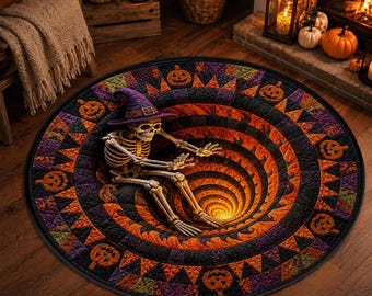 Halloween Witch Skeleton Vortex Rug, 3D Orange Spiral Floor Mat, Round Depth Illusion Pumpkin Patchwork Style Gothic Spooky Home Art Decor