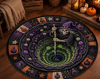 Magic Cauldron Witch Round Rug, 3D Green Potion Spiral Optical Illusion Halloween Area Rug, Purple Quilt Style Witchy Spooky Floor Decor