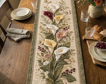 Elegant Calla Lily Floral Quilted Table Runner, Soft Pastel Butterfly Dining Room Decor, Springtime Farmhouse Kitchen Centerpiece Gift Idea