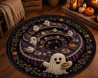 Halloween Ghost Tea Party Rug, 3D Tiered Spiral Floor Mat, Round Optical Illusion Pumpkin Teacup Dark Cottagecore Quilt Inspired Home Decor