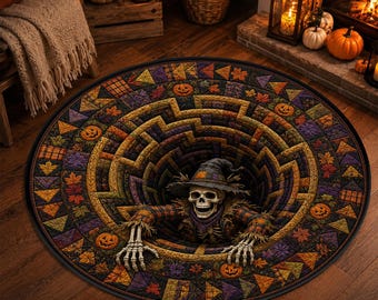 Halloween Skeleton Corn Maze Rug, 3D Labyrinth Tunnel Floor Mat, Round Optical Illusion Scarecrow Pumpkin Patchwork Style Rustic Fall Decor