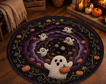 Halloween Ghost Pumpkin Rug, 3D Purple Spiral Floor Mat, Round Optical Illusion Autumn Vine Quilt Inspired Spooky Farmhouse Fall Home Decor