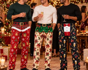 Fake Belt Pajama Pants, Funny Elf Tuxedo Bowtie Men's Christmas Lounge Pants, Optical Illusion Sleepwear, White Elephant Gag Gift for Men