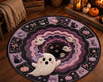 Pinkoween Ghost Vortex Round Rug, 3D Optical Illusion Area Rug, Pink Pumpkin Black Cat Quilt Inspired Cute Spooky Halloween Bedroom Decor