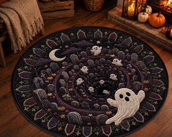 Halloween Ghost Cemetery Rug, 3D Graveyard Spiral Floor Mat, Round Optical Illusion Tombstone Quilt Inspired Gothic Haunted Home Art Decor