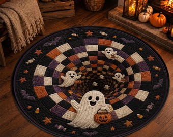 Halloween Checkerboard Ghost Rug, 3D Deep Tunnel Floor Mat, Round Optical Illusion Pumpkin Trick or Treat Quilt Inspired Kids Room Decor