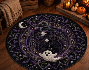 Halloween Ghost Bell Tower Rug, 3D Cathedral Spiral Floor Mat, Round Optical Illusion Bat Moon Quilt Inspired Gothic Haunted Home Decor