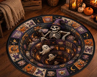 Halloween Skeleton Tea Party Rug, 3D Haunted Well Floor Mat, Round Optical Illusion Vintage Teacup Patchwork Style Gothic Cottage Decor