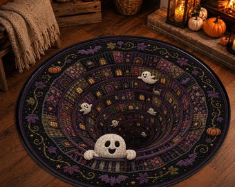 Halloween Haunted Mansion Ghost Rug, 3D House Spiral Floor Mat, Round Optical Illusion Quilt Inspired Gothic Pumpkin Spooky Interior Decor
