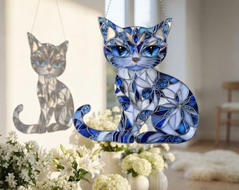 Blue Cat Suncatcher, Stained Glass Style Cat Window Hanging, Acrylic Cat Decor, Cat Lover Gift, Sun Catcher, Home Window Decor