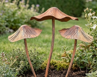 Rustic Metal Mushroom Garden Stakes, Set of 3 Outdoor Garden Decor, Woodland Yard Art, Lawn Ornament, Cottage Garden Decoration