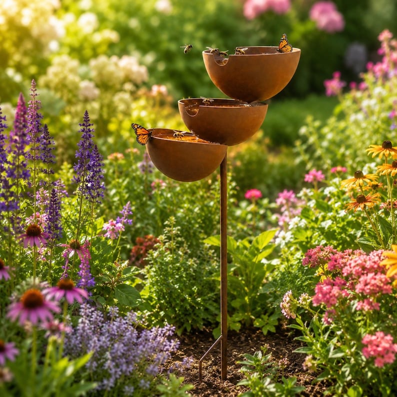 Weather-resistant metal garden sculpture with three water bowls designed for birds and beneficial pollinators.