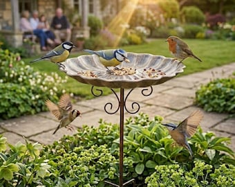 Iron Bird Bath Feeder, Metal Garden Bird Bath on Stake, Bronze Bird Water Bowl, Outdoor Bird Feeder Station, Rustic Garden Decor Gift
