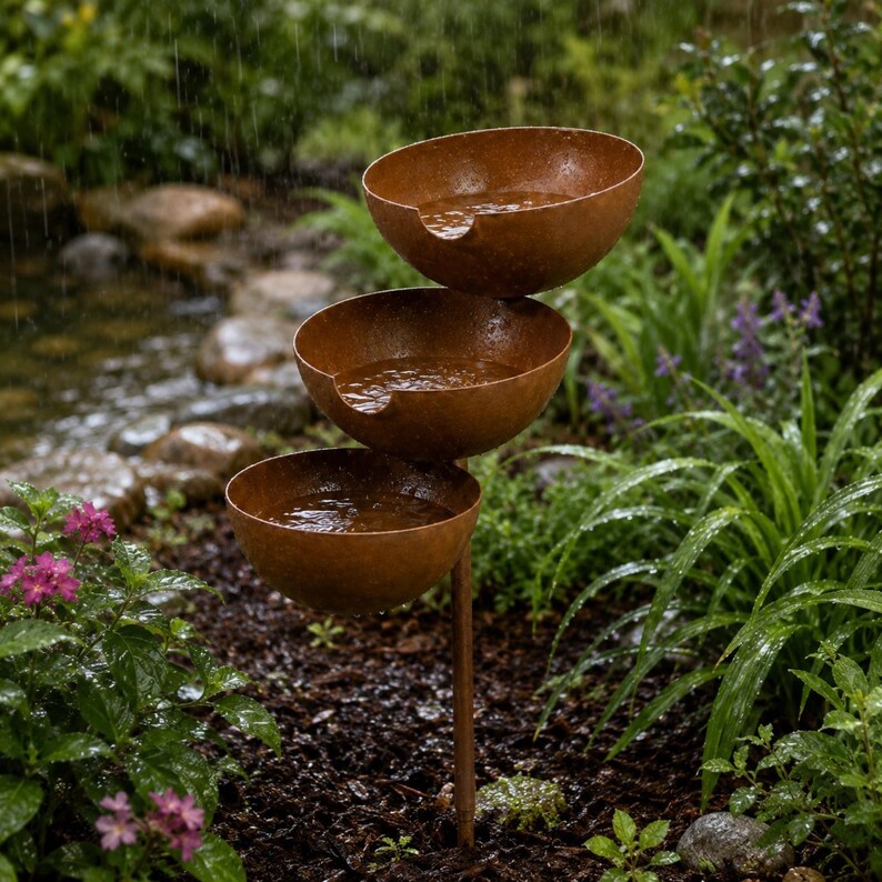 9. Unique gift for gardeners featuring a decorative rain catcher bird bath with farmhouse inspired design.

. Vertical metal bird bath garden stake adding rustic cottage charm to patios, lawns, and flower beds.