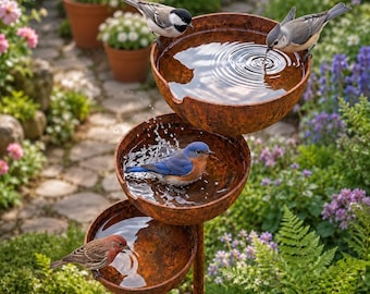 Rustic Metal Rain Catcher Bird Bath Stake, 3 Tier Garden Water Feature, Bee & Butterfly Water Bowl, Outdoor Yard Decor, Gift for Gardeners