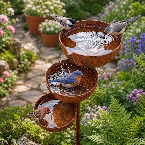 Rustic Metal Rain Catcher Bird Bath Stake, 3 Tier Garden Water Feature, Bee & Butterfly Water Bowl, Outdoor Yard Decor, Gift for Gardeners