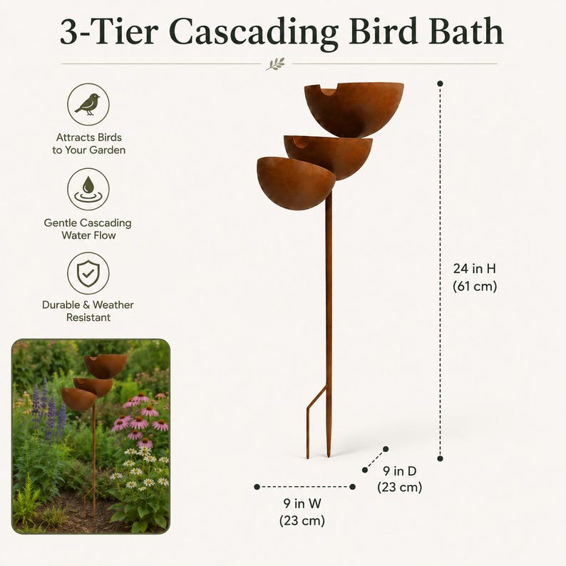Pu&ograve; includere: Un bagno per uccelli a cascata a 3 livelli con finitura color ruggine. La struttura presenta tre ciotole impilate su un paletto centrale. Le dimensioni sono 61 cm di altezza, 23 cm di larghezza e 23 cm di profondit&agrave;. Testo: 3-Tier Cascading Bird Bath.