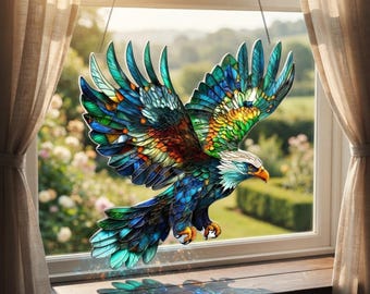 Bald Eagle Acrylic Suncatcher, Stained Glass Style Window Hanging, Eagle Window Decor, Bird Lover Gift, Patriotic Home Decor