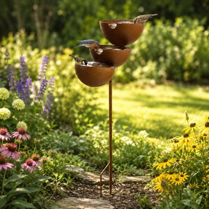 Close-up view of the three tier rain catcher bird bath showing textured metal finish and handcrafted details.