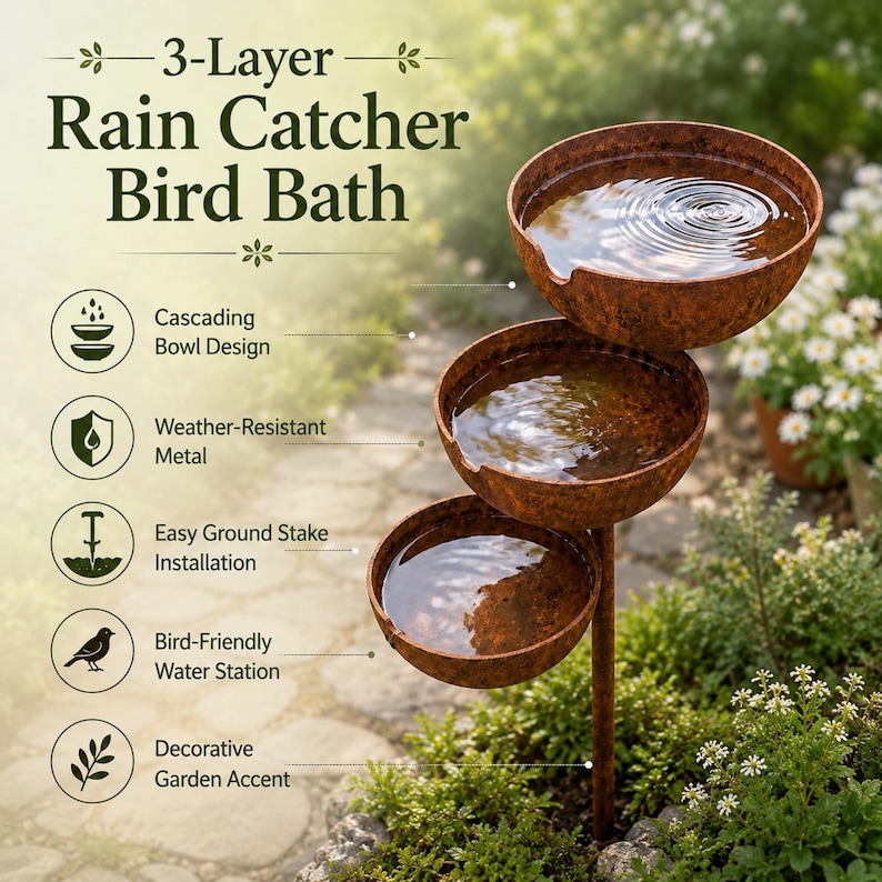 Outdoor bird bath stake collecting rainwater naturally while small birds visit the garden.