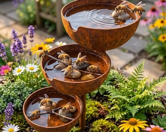 Metal Bee Bath Garden Stake, 3 Tier Butterfly Water Feeder, Rustic Bird Bath Outdoor Decor, Pollinator Garden Art, Gift for Nature Lovers