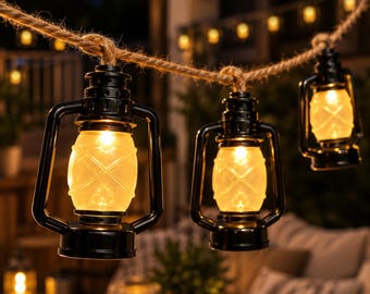 Vintage Black Lantern String Lights, Battery Operated LED Fairy Lights, Warm White Farmhouse Decor, Bedroom Patio Party Wedding Home Decor