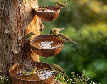 Three Tier Bird Bath for Bees Butterflies & Birds, Metal Pollinator Water Station, Outdoor Garden Decor, Rustic Yard Art Gift