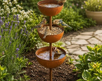 Rain Catcher Bird Bath Stake, 3 Tier Metal Bird Bath, Rustic Garden Water Feature, Outdoor Bird Feeder Bowl, Yard Art Decor