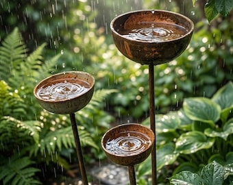 Rain Catcher Garden Stake, Rustic Metal Bird Bath, Bee Water Bowl, Butterfly Feeder, Outdoor Garden Decor, Cottage Garden Gift