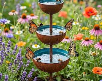 Rain Catcher Garden Stake with Rust Patina Metal Bowl – Pollinator Bird Bath Water Feeder Outdoor Garden Decor, Cottage Garden Gift